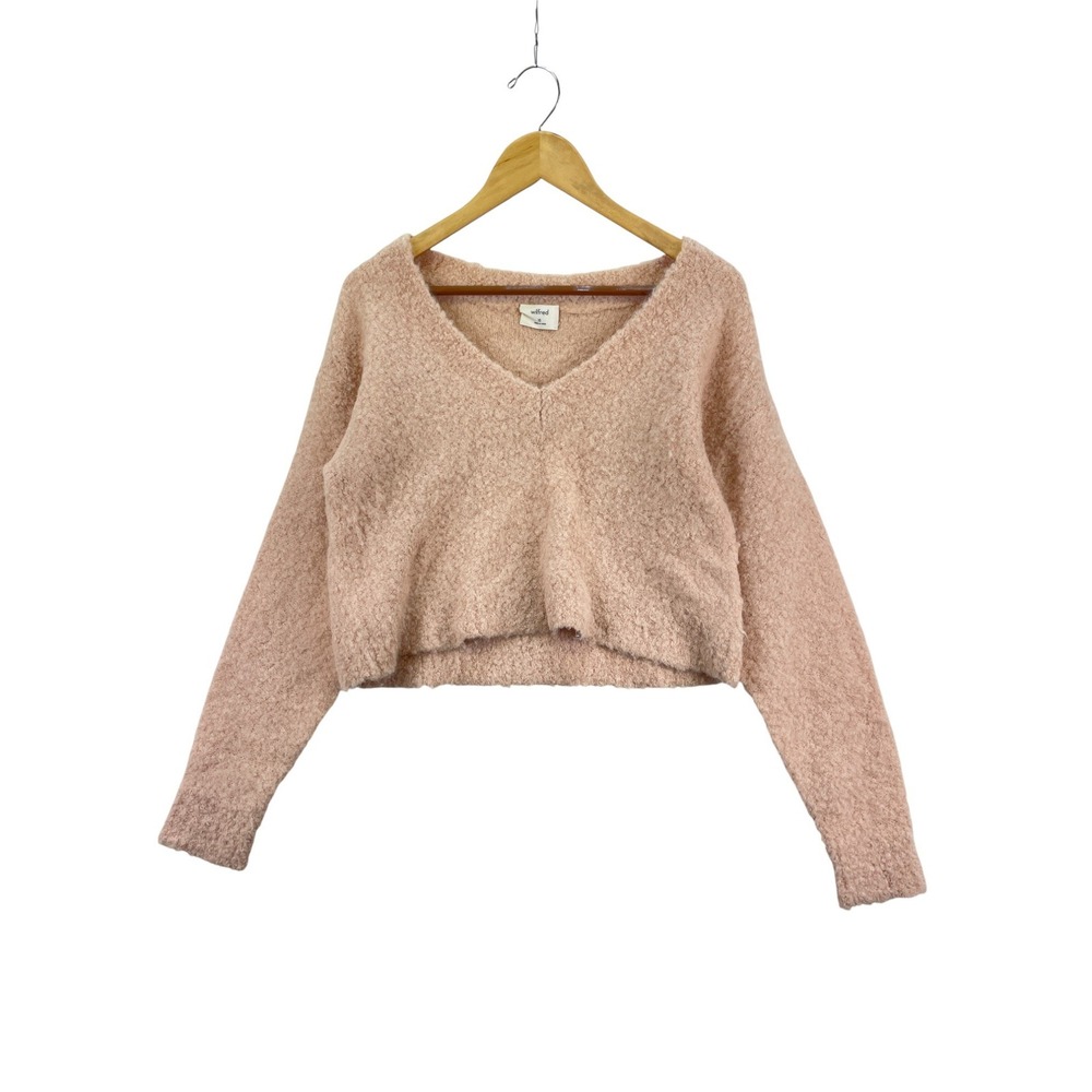 Wilfred Free Women's XS Fuzzy Knit‎ Cropped V Neck Sweater Pullover Soft Pink